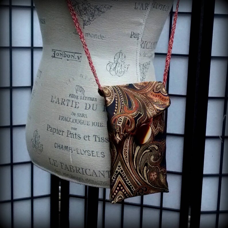 Passport Bag Rust and Tan Paisley Cell Phone Bag Crossbody Bag in Black