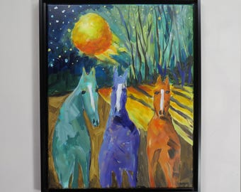 framed painting - "Starry Night Mares “- horse - wall art - original acrylic painting - home décor - modern west - art