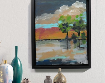 framed original painting - wall art - &quot;Morning at the Lake “- original acrylic painting - home décor - modern art -art