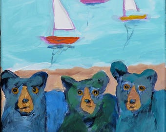 May include: An original painting depicts three blue bears on a beach, gazing at sailboats on a turquoise sea. The sailboats have white sails and colorful hulls. The sky is a light blue.