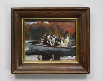 framed  vintage dog print - " Hunting Dogs in a Boat (waiting to start) “wall art - print