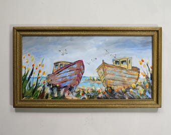 art- "Vintage Lobster Boats" -wall art - decorative artwork - original painting - coastal - pink - blue - art -beach