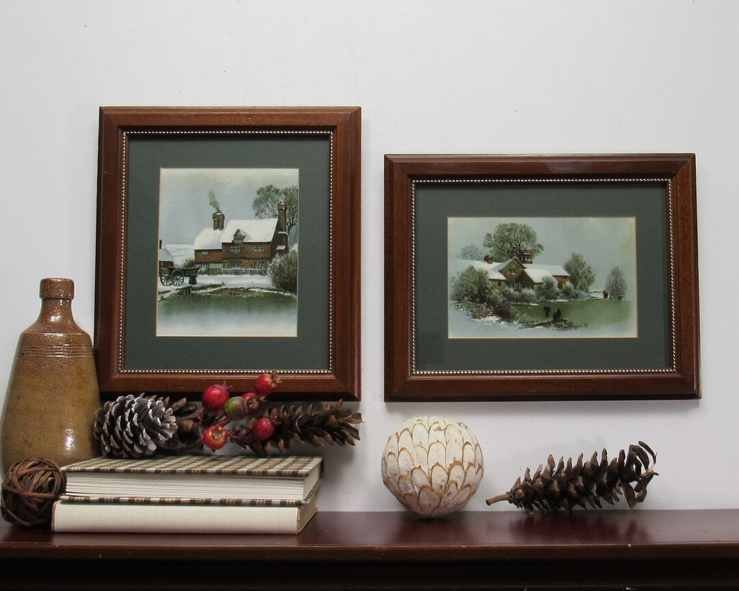 Vintage Framed Farm Prints Set of 2 Framed Prints on Winters Pond Wood ...