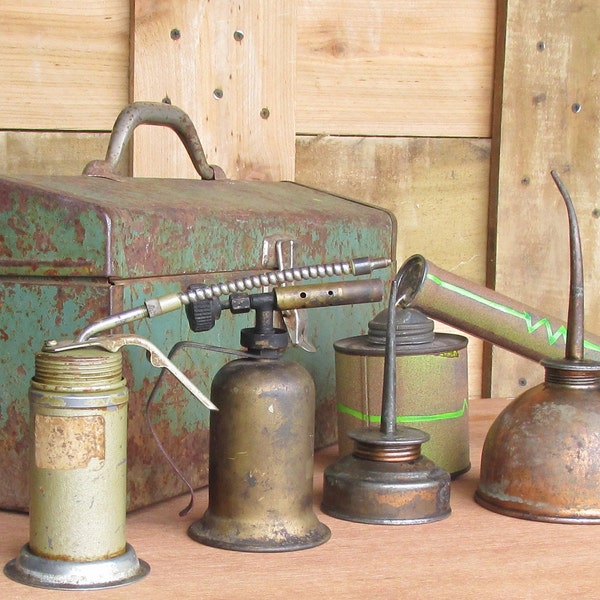 RESERVED FOR PAM industrial decor - Oil Cans Tool Box  - Industrial Retro - decorative-steampunk-industrial- mid century