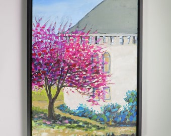 framed original - acrylic painting - "Redbud in Bloom"-  home decor - decorative wall art