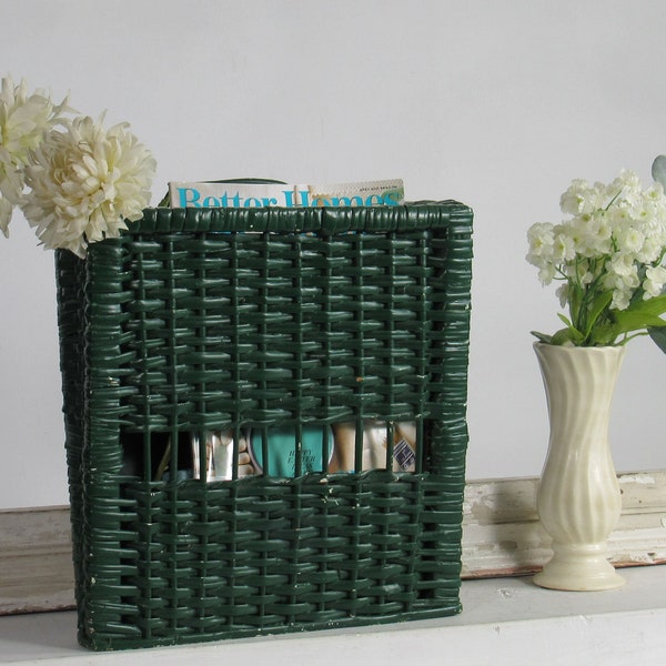 Vintage Rattan storage wall basket – wicker - mid century - Hunter Green rattan basket – farmhouse