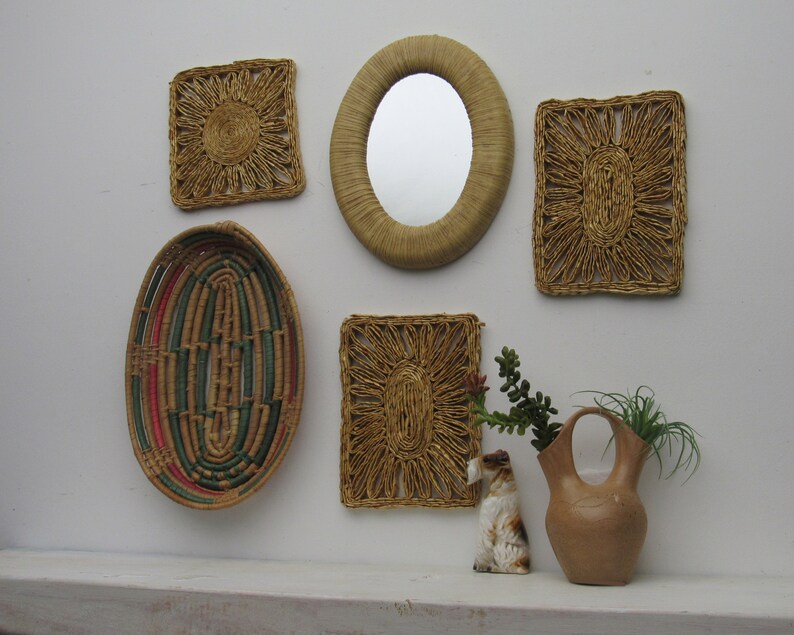 Natural Straw Wall Art Wicker Collection Set Of 5 Pieces Mirror Bohemian Tribal Style Rattan