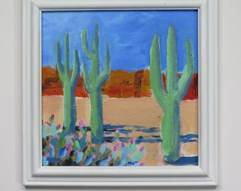 framed original painting- "Dancing Saguaros" - Southwestern wall art - decorative artwork - art