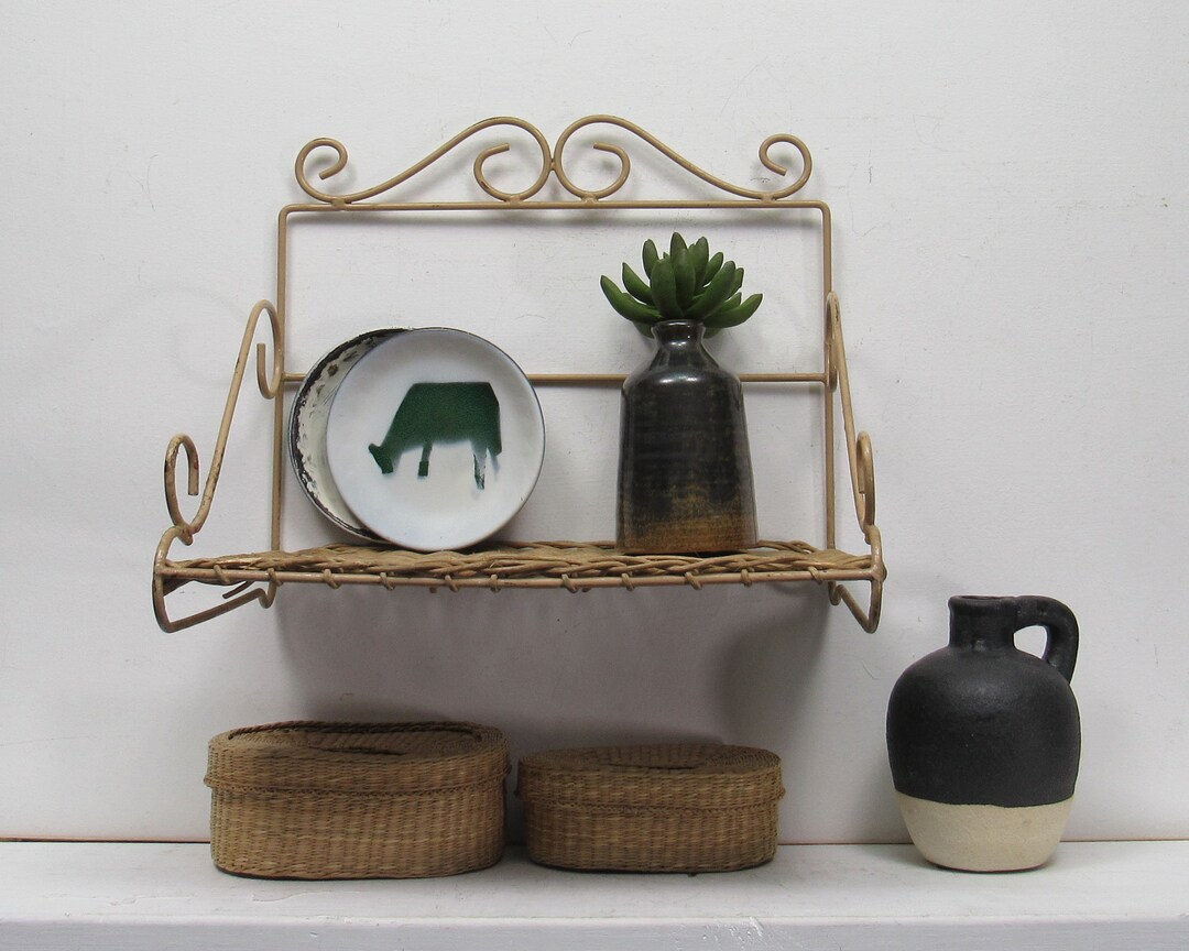 Vintage Small Wicker Shelf Wicker and Metal Shelf Multi Purpose Mid