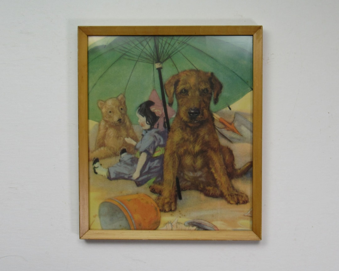 Vintage Framed Dog Print Puppy at the Beach Wall Art Etsy