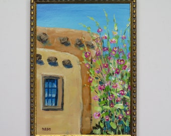 original art - antique frame - "Hollyhocks at Old Tucson" - shelf styling - wall art - wall gallery - southwest  decor