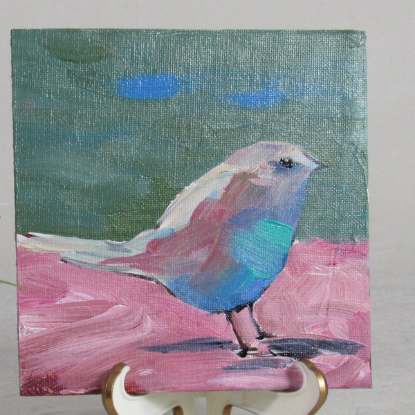 original painting   - acrylic on canvas panel - home décor - Teal Breasted Sparrow