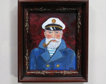 framed art -"Captain of the High Seas"- original painting- portrait - art - coastal - tropical - beach - sea captain - nautical - original