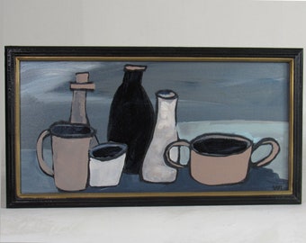 framed original wall art - "3 Bottles and 3 Cups" - original acrylic painting - home decor