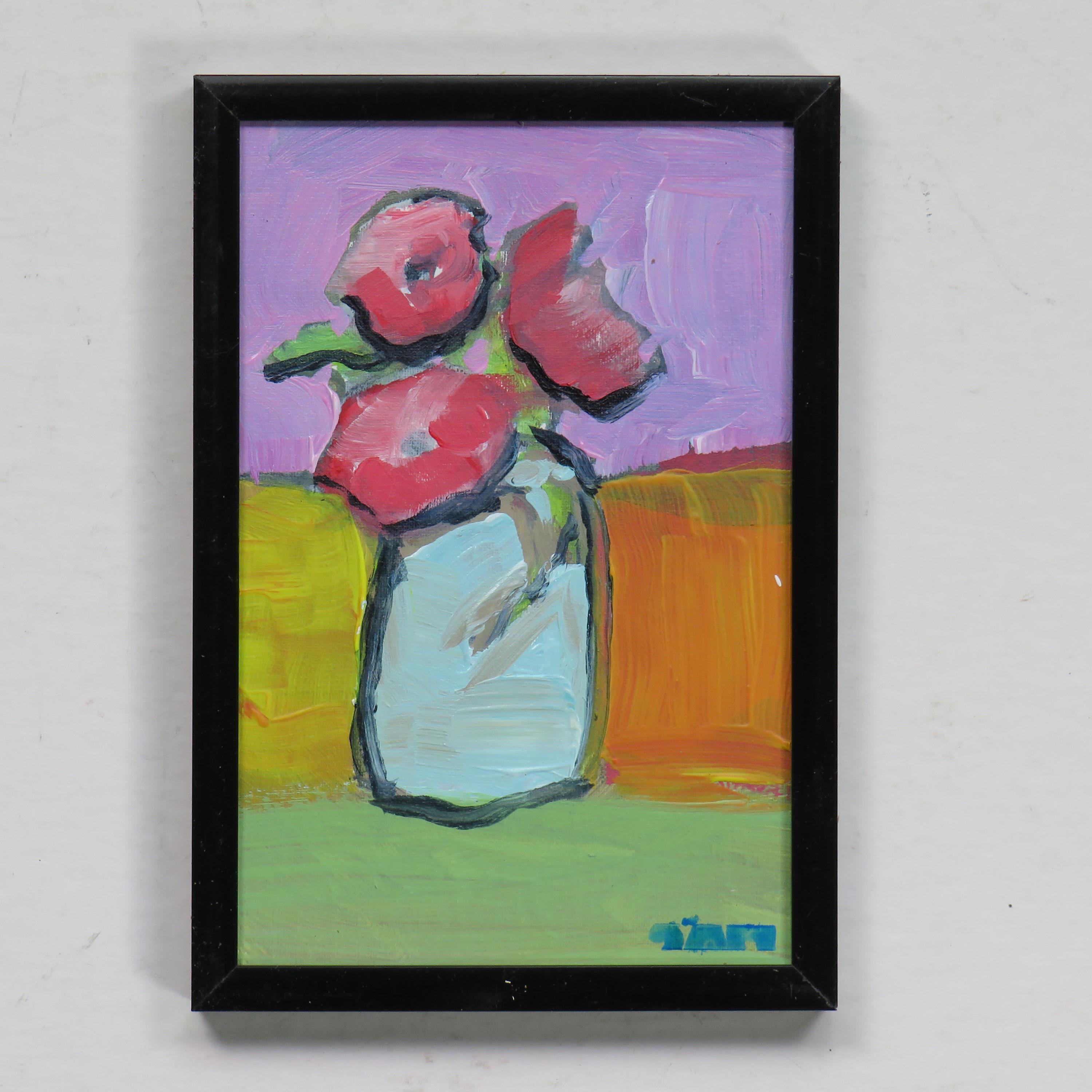 絵画 Ruby-red Flowers Framed Artwork - Original Painting-
