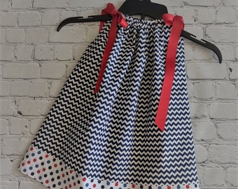 Girls Navy Chevron and Polka Dot Pillowcase Dress, Toddler Patriotic Dress, Red White and Blue Dress,  July 4th Celebration