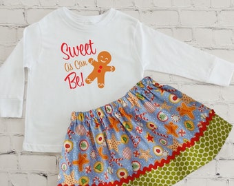 Gingerbread Tee and Skirt Outfit, Girls Christmas Outfit, Toddler Holiday Skirt and Tee, Sweet As Can Be Holiday Shirt