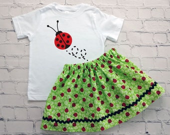 Ladybug Toddler Tee Shirt and Skirt 2 piece Outfit, Girls Ladybug Shirt, Toddler Outfit