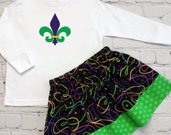 Girls Mardi Gras Fleur-De-Lis Tee and Skirt, Toddler Mardi Gras Outfit, Vinyl Fleur-De-Lis Shirt, Bead Print Skirt, Fleur-De-Lis Childs Top