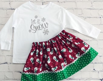 Let It Snow Tee and Skirt Outfit, Girls Christmas Outfit, Toddler Holiday Skirt and Tee