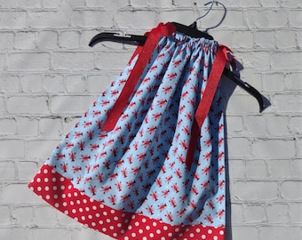 Lobster Dress, Pillowcase Dress, Girls Summer, Toddler Seafood Dress, Under The Sea Birthday Theme, Blue and Red Dress