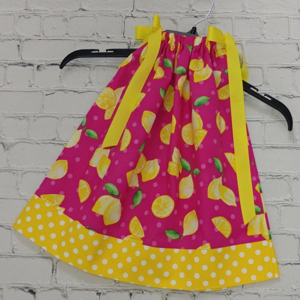 Girls Lemon Pillowcase Dress, Toddler Fruit  Print Dress, Pink and Yellow Summer Dress, Lemons and Polka Dots