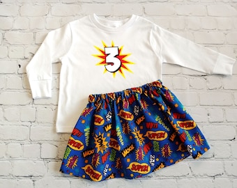 Superhero Girls Birthday Outfit, Toddler Birthday Shirt, Girls Birthday Tee and Skirt, 3rd Birthday Shirt, Comic Skirt