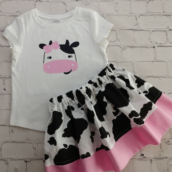 Cow Girl Outfit, Cow Theme Birthday Outfit, Toddler Cowgirl Skirt and Tee, Girls Barnyard Outfit, Rodeo Skirt and Top