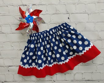 Patriotic Red White and Blue Skirt, Independence Day Outfit, 4th of July Skirt, Toddler Blue Polka Dot Skirt, Uncle Sam Skirt, Girls Skirt