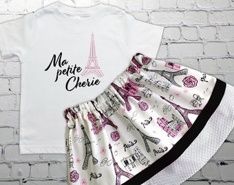 Ma Petite Cherie and Paris Eiffel Tower Skirt,  Toddler Paris Print Skirt, Paris Birthday Dress, Paris Skirt and Tee Outfit, Parisian Skirt