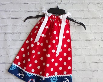 Girls Nautical Pillowcase Dress, Disney Cruise Dress, Toddler Pillowcase Dress, Little Girl Red Polka Dot Dress, Patriotic Dress