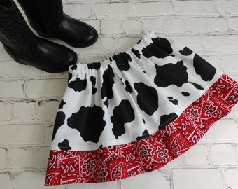 Girls Cow and Bandana Print Skirt, Toddler Cowgirl Skirt, Girls Western Birthday Skirt, Rodeo Skirt, Jessie Toy Story Skirt