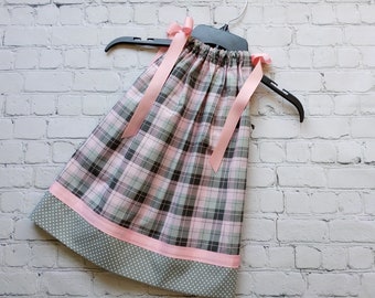 Girls Pillowcase Dress, Toddler Pink and Gray Dress, Little Girls Dress, Plaid Pillowcase Dress, Tea Party Dress