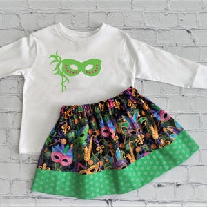 Girls Mask Mardi Gras Top and Skirt, Toddler Mardi Gras Outfit, Mask Top, Girls NOLA Outfit, Mardi Gras Outfit