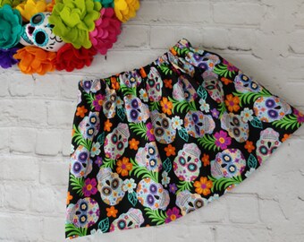 Girls Day of the Dead Skirt, All Hallows Day, Sugar Skull Outfit, Skirt with Skulls, Toddler Sugar Skull Skirt, Little Girls Skirt