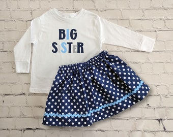 Big Sister Outfit, Little Sister Toddler Tee and Skirt, Navy and Sky Blue Girls Outfit, New Baby Announcement