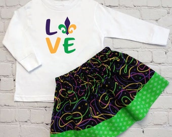 Girls Mardi Gras Fleur-De-Lis Love Tee and Skirt, Toddler Mardi Gras Outfit, Fleur-De-Lis Shirt, Bead Print Skirt, Fleur-De-Lis Childs Top