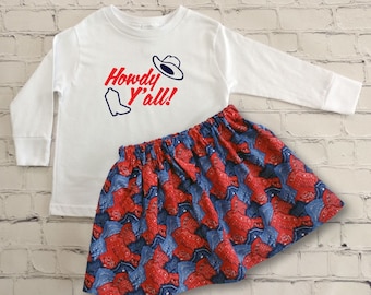 2 Toddler Girls Howdy Y'All Outfit, Rodeo Outfit, Cowgirls Bandana Skirt and Tee, Cowgirl Birthday Outfit, Cowboy Boot and Hat Shirt
