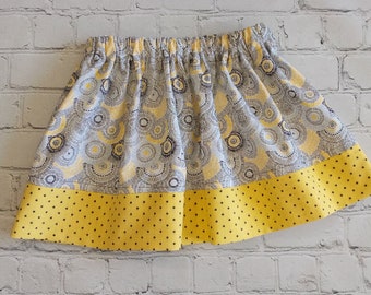 Toddler Girls Print Skirt, Girls Gray and Yellow Skirt, Baby Skirt, Little Girls Skirt, Kids Clothes, Print and Polka Dot Skirt