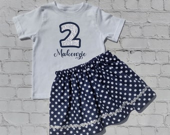 Personalized Birthday Girl Outfit, Toddler Silver Glitter Birthday Shirt, Girls Silver and Navy Birthday Tee and Skirt, Birthdays 1-6