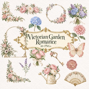Puede incluir: Una colección digital de ilustraciones florales titulada Victorian Garden Romance 40 PNGs, que incluye ramos, coronas, una mariposa, una llave decorativa, un sello de cera, un abanico y una regadera con flores rosas y azules.