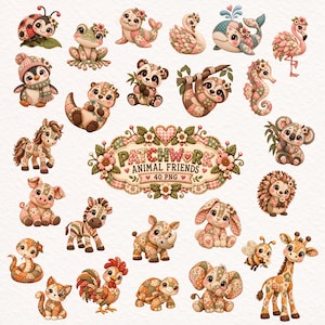 Puede incluir: Una colección de ilustraciones digitales que muestran varios animales diseñados con un patrón de patchwork en colores pastel suaves. El emblema decorativo central muestra el texto PATCHWORK ANIMAL FRIENDS 40 PNG, rodeado de motivos florales.