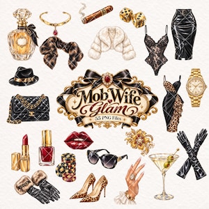 Puede incluir: Una colección digital de ilustraciones de moda y lujo que incluye un frasco de perfume, joyas de oro, un cigarro, dados, un bolero de piel blanca, un body de encaje negro, falda de cuero, sombrero, bolso acolchado, vestido, reloj, pintalabios, esmalte, labios rojos, fichas, gafas, broche, tacones de leopardo, guantes y copa de martini, con un cartel que dice Mob Wife Glam 55 PNG Files.