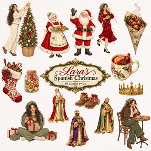 Puede incluir: Una colección de ilustraciones digitales con temática navideña que incluye a Santa Claus, la Sra. Claus, los Reyes Magos, personas con ropa festiva, un árbol decorado, un calcetín, vino caliente y regalos, con el texto Lara's Spanish Christmas 80 Clipart PNGs.