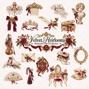 Puede incluir: Una colección digital de ilustraciones en acuarela titulada Velvet Heirlooms, que incluye una lámpara de araña, un peine, guantes de encaje, un busto de querubín, una tiara, una pluma, un joyero, un violín, un sobre y un espejo.