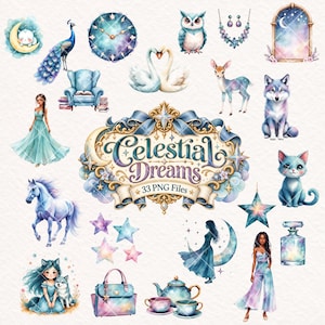 Puede incluir: Una colección de ilustraciones digitales estilo acuarela con temas celestiales y de fantasía, incluyendo un pavo real, cisnes, un búho, un lobo, un caballo, un gato, estrellas, una tetera, un bolso, un frasco de perfume y figuras con el texto Celestial Dreams.