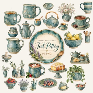 Teal Pottery Clipart, 40 Watercolor PNG, Handmade Ceramic Mug Teapot Vase, Rustic Kitchen Tableware, Cottagecore Clip Art, Commercial Use