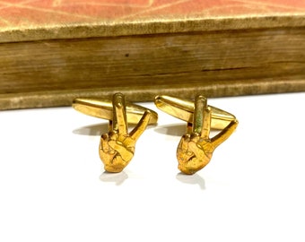 Raw Brass Peace Hand Cuff Links - Small Hands Cufflinks - Two Fingers - Gen Z - Millennial - Gold - Soldered - Wedding - Trendy