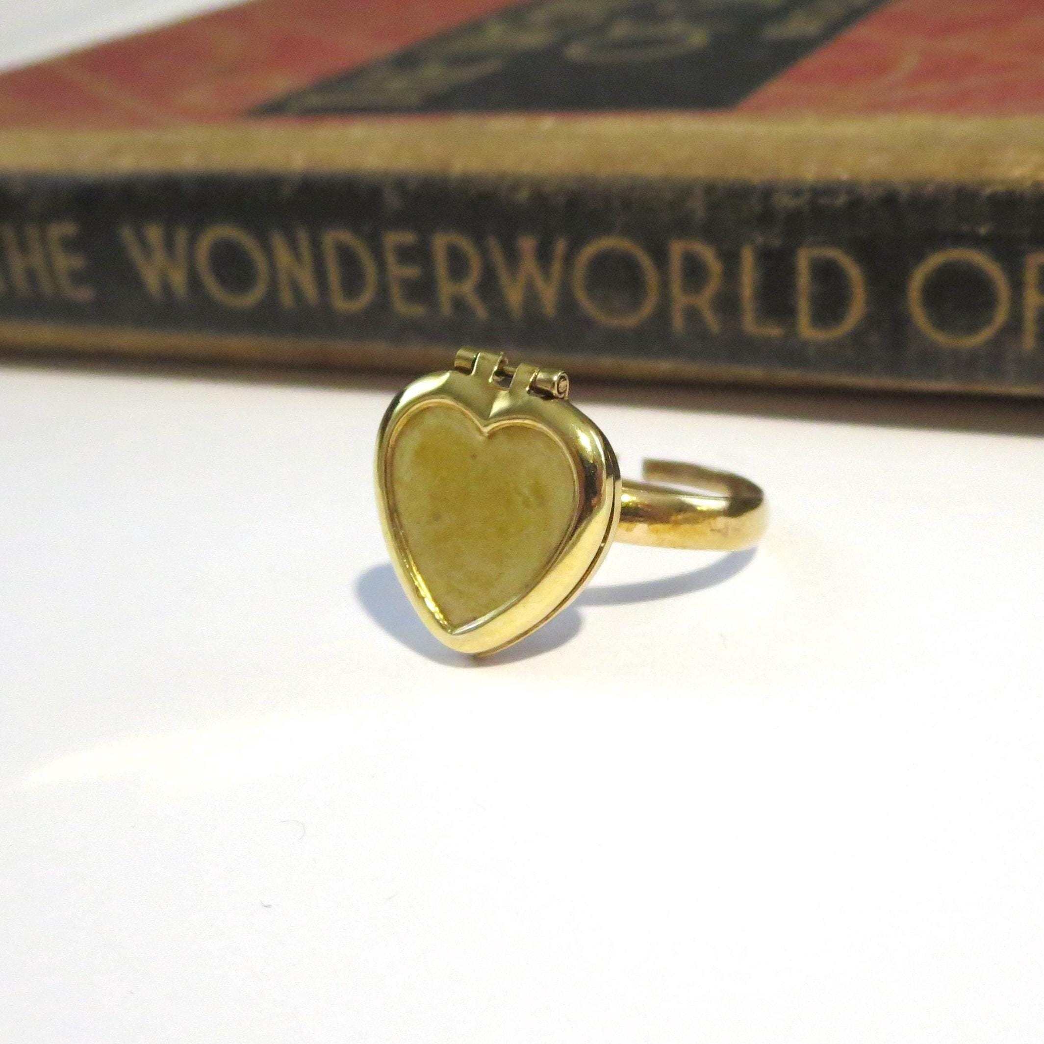 Vintage Heart Locket Ring Solid Brass Adjustable Photo