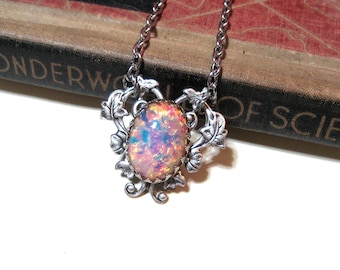 Vintage Pink Harlequin Opal Necklace on Vines - Antiqued Silver - Fire Opal